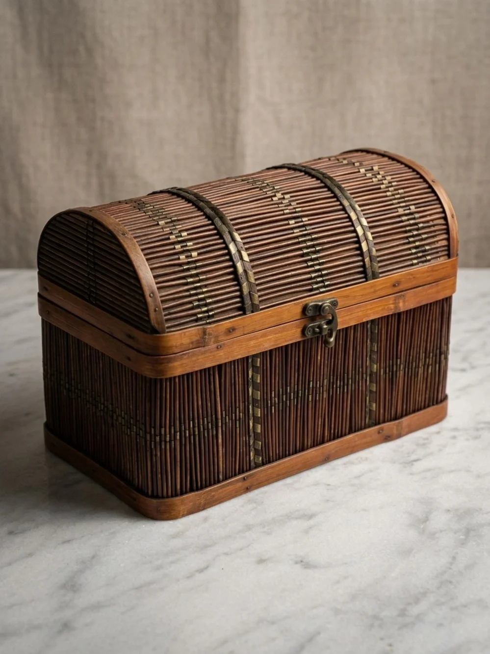 Vintage Wicker and Wood Domed Treasure Chest Trinket Box Storage Decor